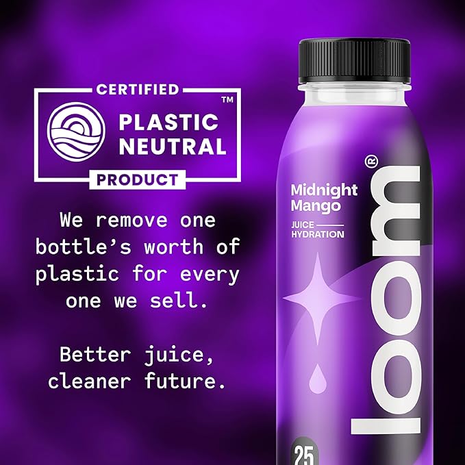 Midnight Mango Juice Drinks by Loom, Low Sugar Juice, Real Fruit, No Added Sugar, 30 Calories, Vegan, Gluten Free, 12 oz bottles, 12 pack