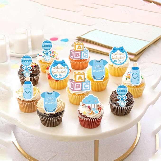 60 PCS Edible Oh Baby Cupcake Toppers Pacifier Cloud Moon Star Welcome Baby Boy Cupcake Picks Edible Baby Shower It's a Boy Cake Decorations for Baby Shower Boys Birthday Party Supplies Blue