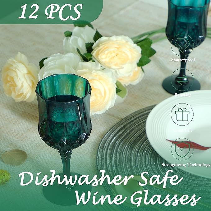 Plastic Wine Glasses,Plastic Goblets Vintage Style Cordial Drinking Glasses for Wedding Reception, Christmas Grand Event Party Supplies (12, Green)
