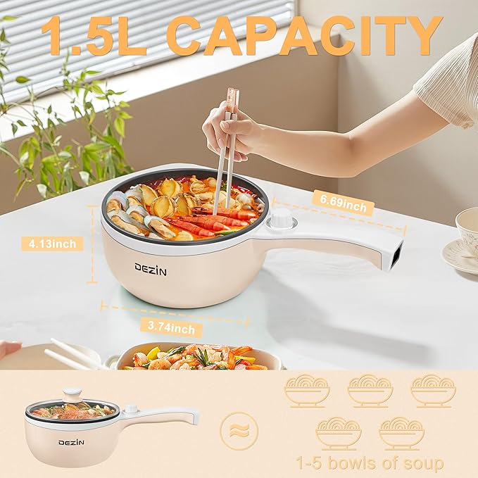 Dezin Hot Pot Electric with Steamer Upgraded, Non-Stick Saut챕 Pan, Rapid Noodles Electric Pot, 1.5L Mini Pot for Steak, Egg, Fried Rice, Ramen, Oatmeal, Soup with Power Adjustment