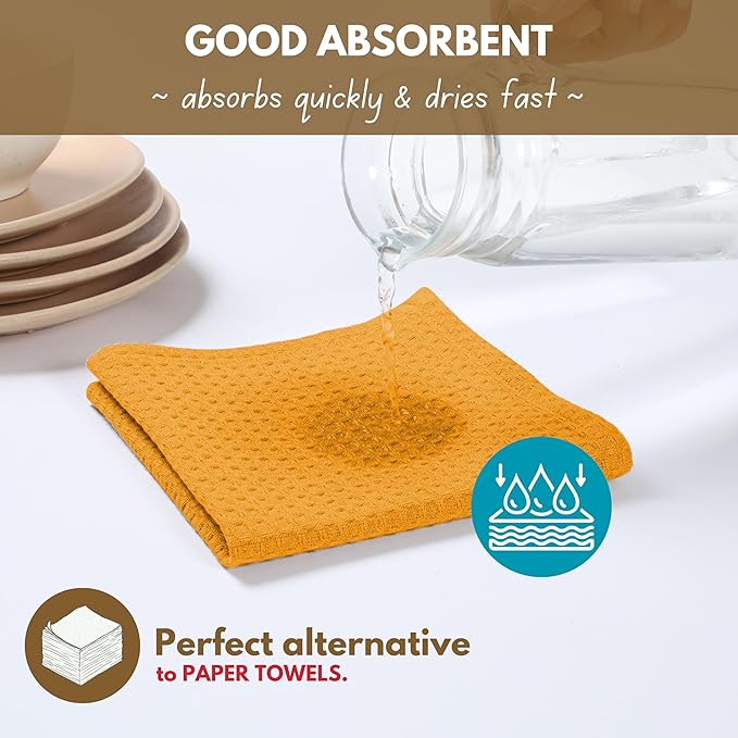 Native Fab 6 Pack Waffle Dish Cloths - 100% Cotton, Soft, Absorbent & Quick Drying Towels for Cleaning, Cooking & Baking - Great for Home, Restaurants, Cafes, Bars - Mustard Yellow