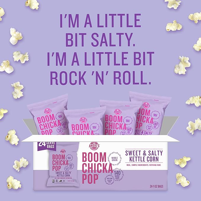 Angie's BOOMCHICKAPOP Sweet & Salty Kettle Corn Popcorn, Lunchbox Snack, 1 oz. Individual Bag (Pack of 24)