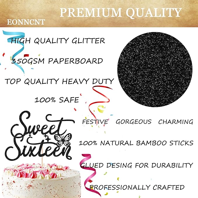 Sweet Sixteen Cake Topper - Black Glitter Butterfly Theme Sweet 16 Birthday Cake Decorating Supplies for Girls, Sweet 16 Cake Topper for Happy 16th Birthday Party Supplies Photo Booth Props