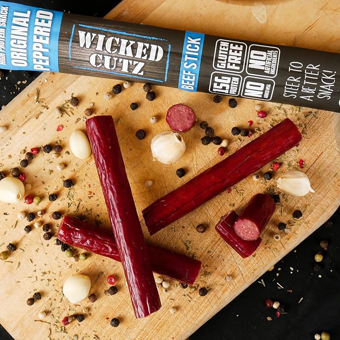 Wicked Cutz Original Peppered Beef Sticks, 15g Protein Per Beef Stick, Tender & Juicy Extra Large Meat Stick, USA Made High Protein Meat Sticks, Carnivore Snacks (12 Pack)