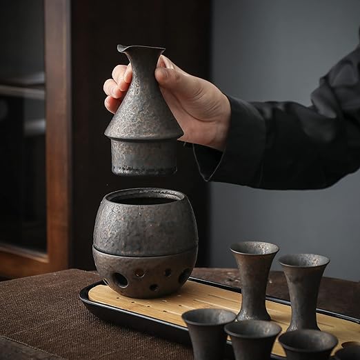 TEANAGOO 10 Pcs Sake Set, Sake Cups(0.9 Oz) with Bamboo Tray, Saki Cup Set with Warmer Pot(6 Oz), Sake Warmer Gift Sets for Friends/Family In Winter. Sake Set with Warmer for Christmas, Birthday, T4