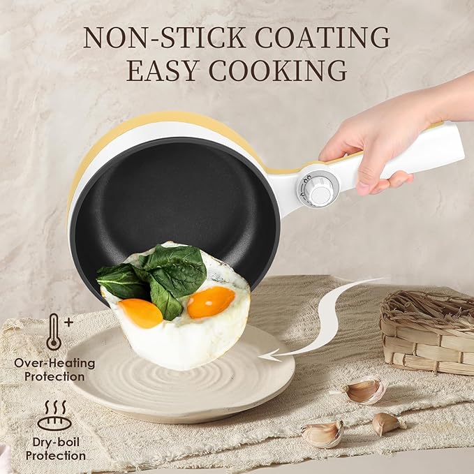 Audecook Hot Pot Electric with Steamer, 1.7L Mini Electric Skillet Portable Nonstick Saut챕 Pan with Power Adjustment, Rapid Noodles Cooker Travel Multicooker for Steak/Soup/Egg/Oatmeal/Noodles