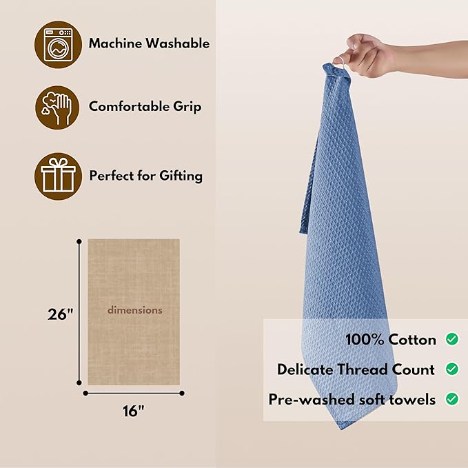 Native Fab Cotton Kitchen Towel with Hanging Loop 16x26 inches, 6-Pack, Waffle Weave Kitchen Towels for Cleaning Drying, Washcloths Soft & Absorbent Cloth Rags, Bar Towel, Dish Cloth, Sky Blue
