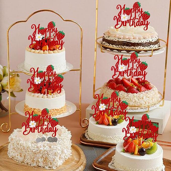 1 Pack Happy Birthday Cake Topper Glitter Strawberry Cake Pick for Fruit Theme Baby Shower Kids Birthday Party Strawberry Fruit Party Cake Decorations Supplies