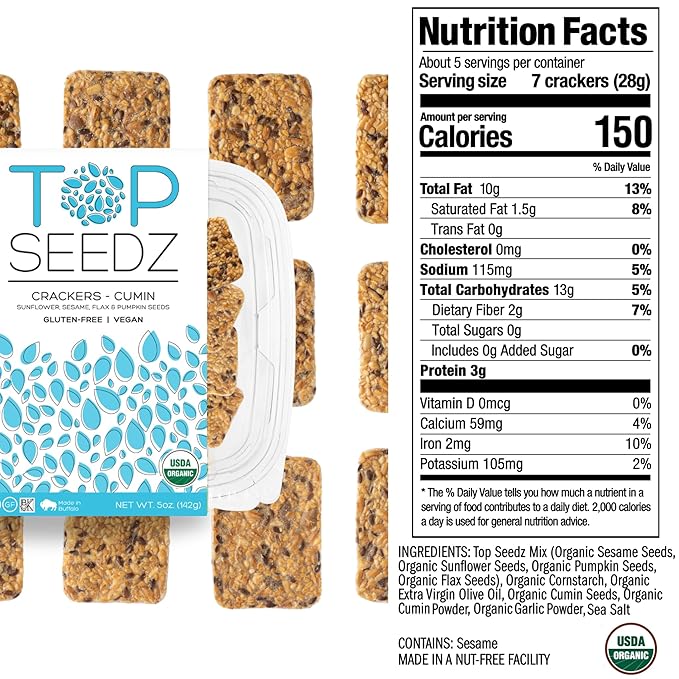 Top Seedz Certified Organic Gluten Free Cumin and 6 Seed Crackers | 6-Pack | 5 Ounces | Healthy Vegan Crackers with Plant Based Protein | Made of Sunflower, Flax, Sesame and Pumpkin Seed