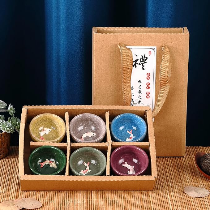 Skyley 6 Pieces Korean Soju Shot Glasses Sets Porcelain Cups Korean Ceramic Cups Tea Accessories Drinkware, Handcrafted Ceramic(Colorful,Koi Fish Pattern)
