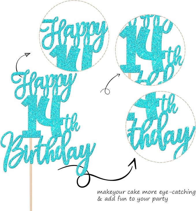 1 PCS Happy 14th Birthday Cake Topper Glitter Cheers to 14 Years Birthday Cake Pick Fourteen Hello 14 Fabulous Cake Decoration for Happy 14th Birthday Anniversary Party Decorations Supplies Blue
