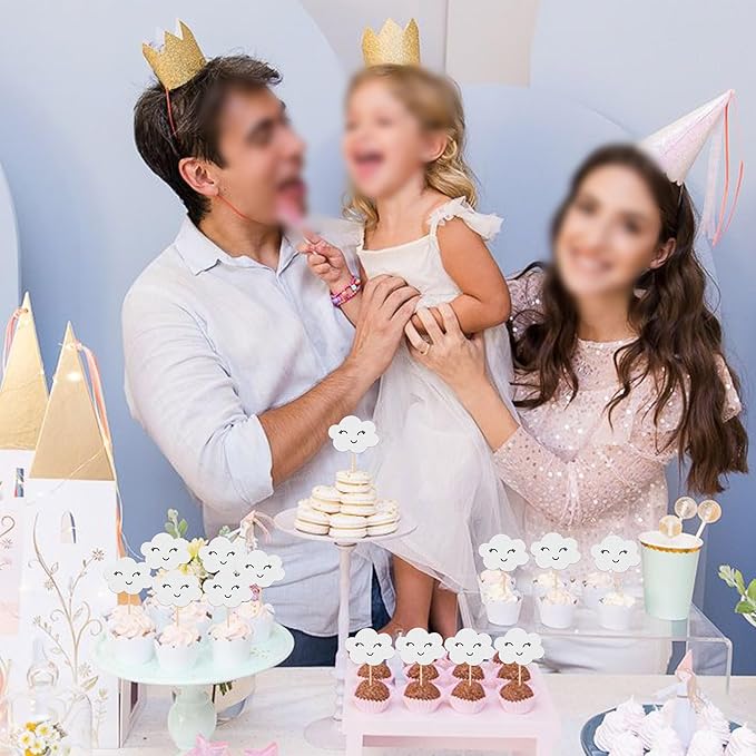 24 PCS White Cloud Cupcake Toppers Glitter Smile Clouds Cupcake Picks Cloud Cake Decorations for Clouds Theme Baby Shower Birthday Party Cake Decorations Supplies