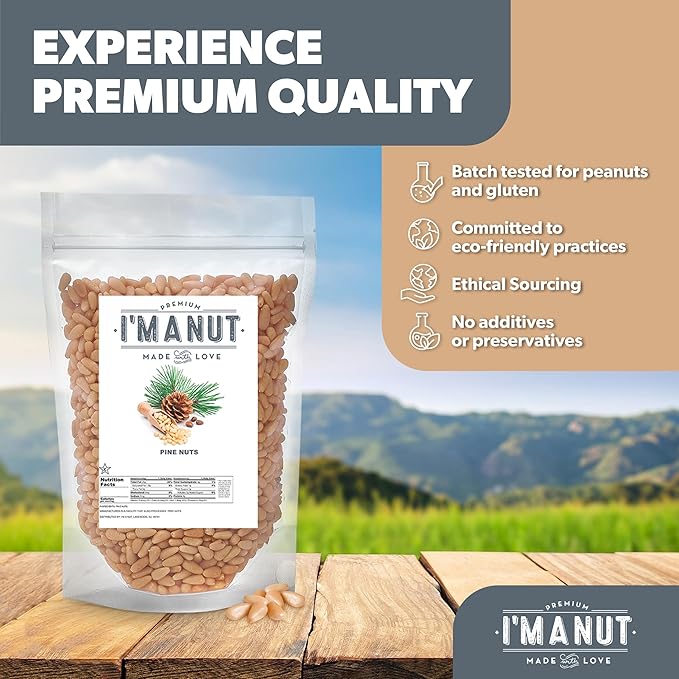 Premium Raw Pine Nuts 32oz (2 lbs.) Non-GMO, No Additives Batch Tested Gluten & Peanut Free, Resealable Pouch for Freshness, Unsalted Pine Nuts - Perfect for Pesto, Salads, Gourmet Cooking and Baking