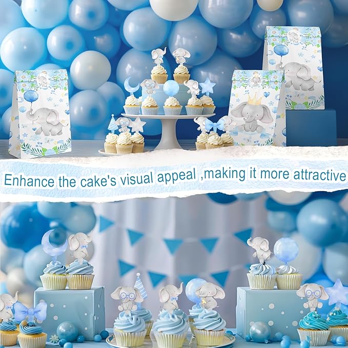 40 Pcs Blue Elephant Cupcake Toppers - Cute Party Decorations and Baby Shower Cake Decor - Perfect for Blue Elephant Birthday Cupcake Toppers, Baby Shower, and Boy Party