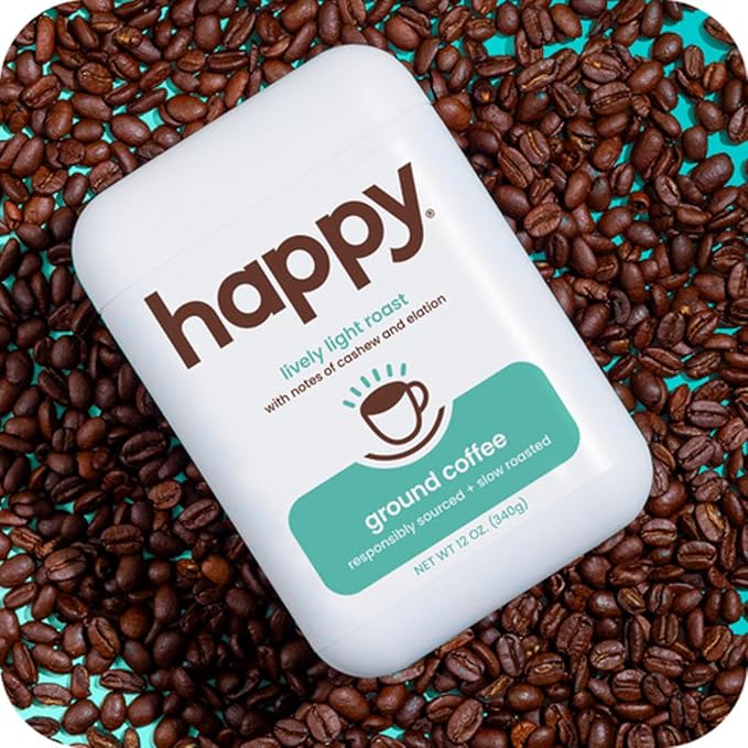 happy coffee light roast ground coffee, 12 oz., notes of cashew & elation, recyclable container, grown & harvested in Colombia, Brazil & Guatemala