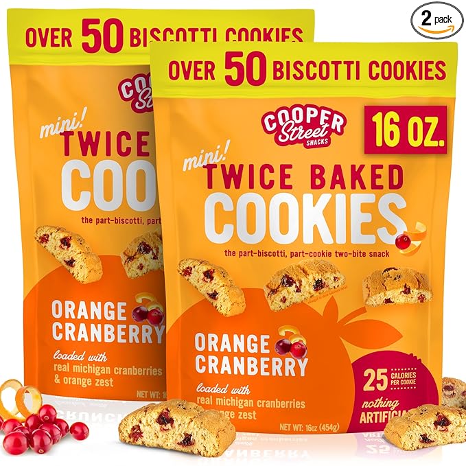 Cooper Street Twice-Baked Orange Cranberry Biscotti Cookies (16 oz - Pack of 2) ??Over 50 Biscotti per Bag Loaded with Real Fruit, Italian Style Snacks with Coffee or Tea - Dairy, Peanut & Soy Free