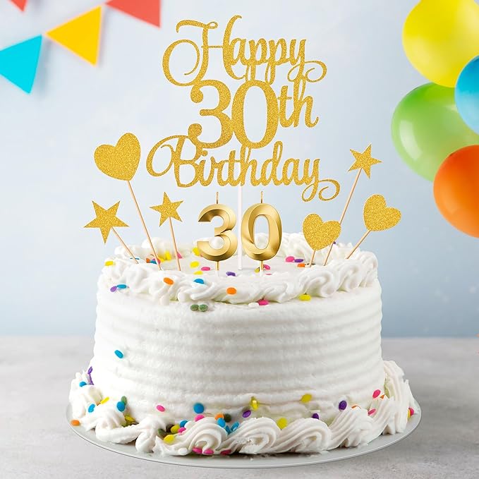 30th Birthday Cake Toppers, 30th Birthday Candles Numeral Candles and Glitter Cake Decorations Toppers Set for Party Supplies (Gold)