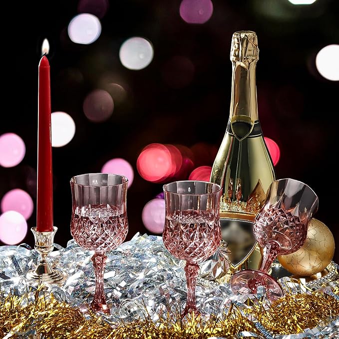 XUWAIDSGN 16 Pcs 7oz Plastic Vintage Wine Glasses Drinking Glasses Unbreakable Wedding Glassware Crystal Water Goblets Reusable Drinkware Vintage Champagne Flutes (16, Rose Gold)