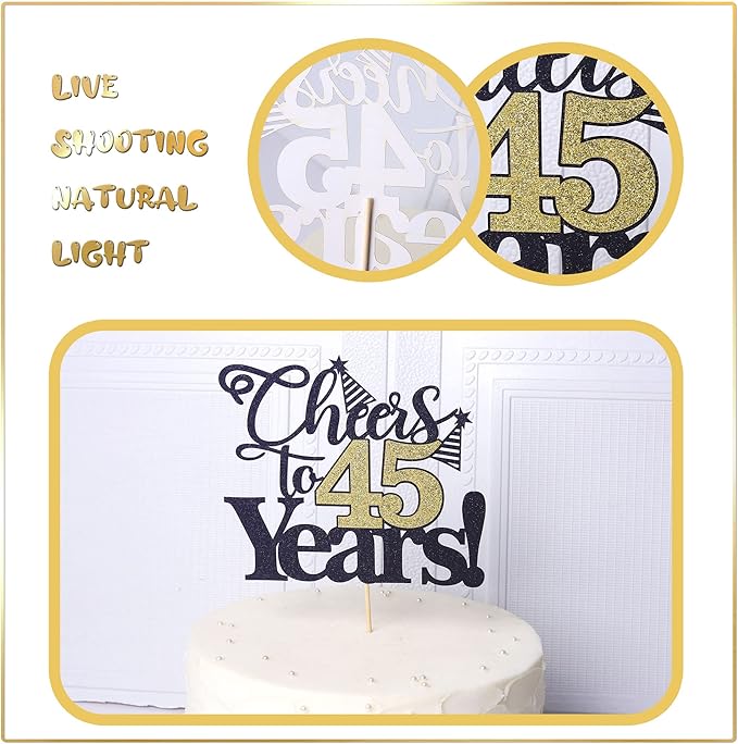 Rsstarxi 1 Pack Cheers to 45 Years Cake Topper Glitter Forty Five Years Old 45th Birthday Cake Pick 45 Fabulous Cake Decorations for Happy 45th Birthday Wedding Anniversary Party Supplies Black