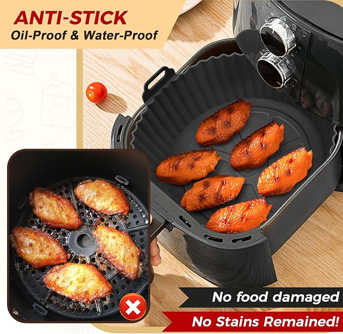 3 Pack Air Fryer Silicone Liners for 5 QT or Bigger, Reusable Food Grade Silicone Airfryer Liners Pot Baking Basket Accessories Replacement of Flammable Disposable Parchment Paper Top 8.7 inch