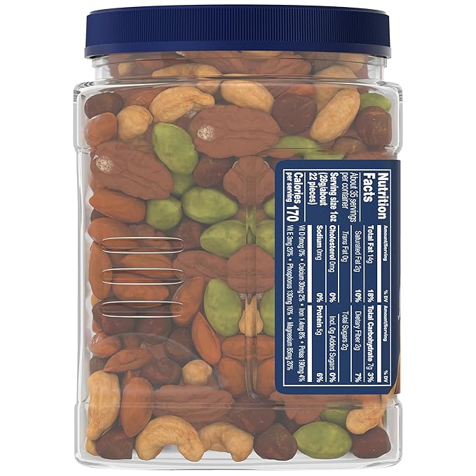 PLANTERS Unsalted Mixed Nuts, Cashews, Almonds, Hazelnuts, Pecans, Pistachios no Shell, Party Snacks, Plant-Based Protein, Quick Snack for Adults, After School Snack, Kosher, 34.5 Oz Container