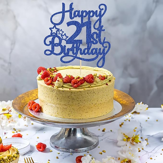 1 Pack Happy 21st Birthday Cake Topper Blue Glitter 21 & Fabulous Cheers to 21 Years Old Birthday Cake Pick for Celebrating 21st Birthday Anniversary Party Cake Decorations Supplies