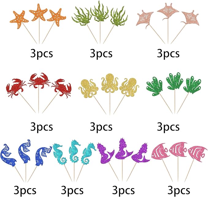 30 Pack Mermaid Cupcake Toppers Glitter Seahorse Starfish Mermaid Tail Cupcake Picks Octopus Jellyfish Mermaid Tail Cupcake Decorations for Baby Shower Under The Sea Birthday Cake Decorations