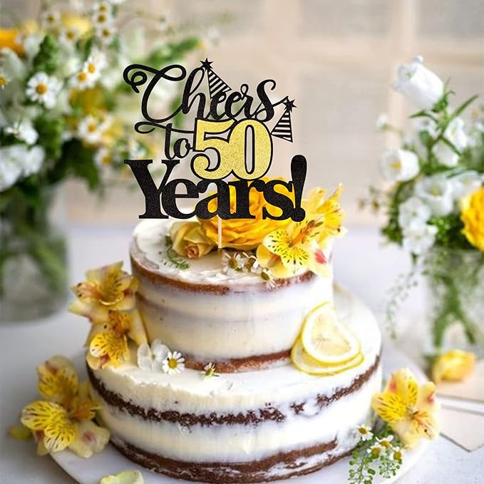 Rsstarxi 1 Pack Cheers to 50 Years Cake Topper Black Glitter Fifty Years Old 50th Birthday Cake Pick Decorations for 40th Birthday Wedding Anniversary Party Supplies