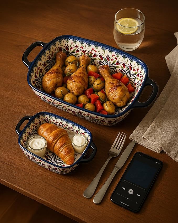 Ceramic Baking Dish Set of 2 ??Decorative Polish Pottery Style Casserole Dishes with Handles, Cute Oven-Safe Lasagna Bakeware Gift Set