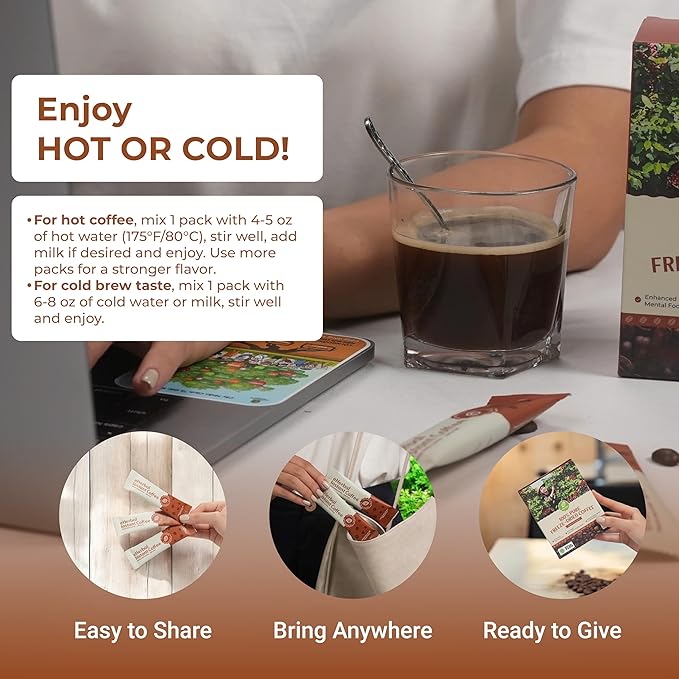 eHerbal Vegan Calming Instant Coffee Powder, plant base freezed dried Cold Brew 20 Packs | Smooth & Bold Vietnamese Robusta Coffee | Non-GMO, Vegan, Keto-Friendly, Low Acid (2.5g/stick)