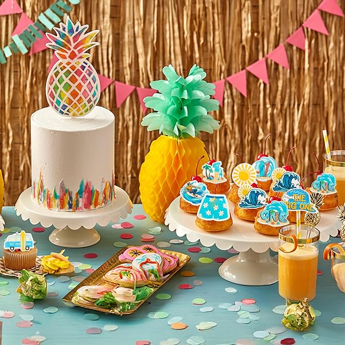 Gyufise 54Pcs Edible Surfing Cupcake Toppers Wafer Paper The Big One Surf Birthday Cake Dessert Picks Surfing 1st Birthday Decorations for Summer Hawaii Holiday Baby First Supplies Light Blue