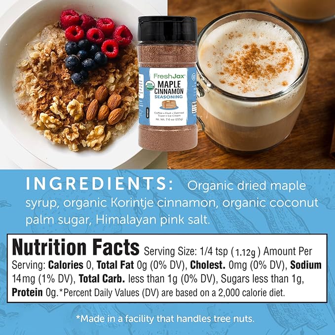 FreshJax Organic Maple Cinnamon Topping (7.6 oz) ??Sweet Maple Spice for Coffee, Popcorn & Baking, Gourmet Seasoning
