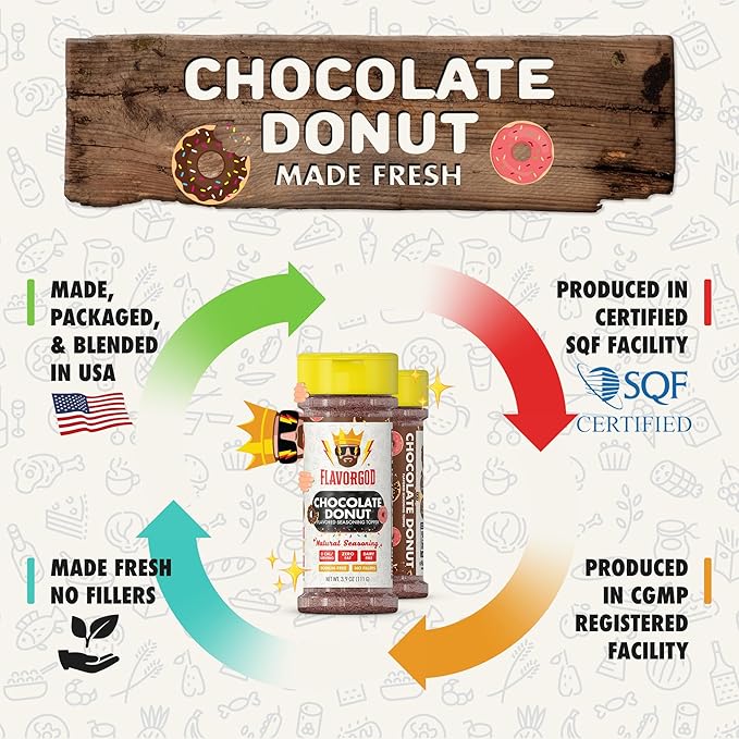 Chocolate Donut Topper Seasoning Mix, 2 Bottles by Flavor God - Premium All Natural & Healthy Spice - Blend for Coffee, Oatmeal, Pancakes & Smoothies - Kosher, Low Sodium, & Gluten-Free