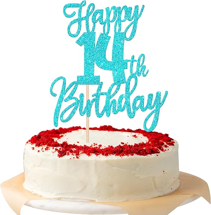 1 PCS Happy 14th Birthday Cake Topper Glitter Cheers to 14 Years Birthday Cake Pick Fourteen Hello 14 Fabulous Cake Decoration for Happy 14th Birthday Anniversary Party Decorations Supplies Blue