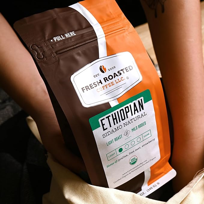 Fresh Roasted Coffee, Organic Ethiopian Sidamo Natural | USDA Organic, 100% Single Origin, Kosher | Light Roast 12 oz Whole Bean