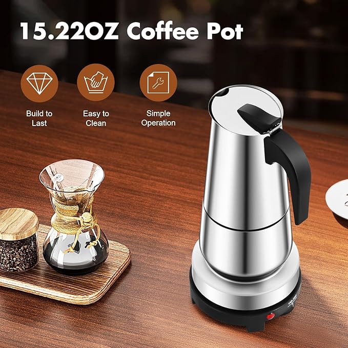 Stovetop Coffee Maker, 9 Cup Stainless Steel Moka Pot Espresso Maker Coffee Pot with Electric Stove, 500W Stovetop Espresso Machine Italian Espresso Maker for Home Bar Office