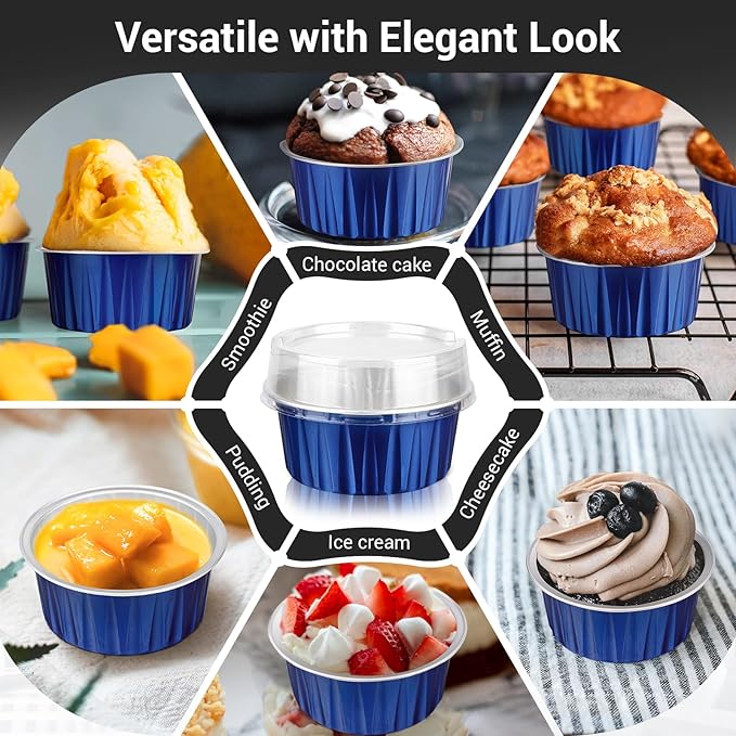 EUSOAR Foil Ramekins, 60pcs 5oz Disposable Mini Aluminum Foil Cupcake Liners Ramekins Cups with Lids for Baking, Dessert Cups Aluminum Cheesecake Pan Creme Brulee Baking Cups for Oven-Royal Blue