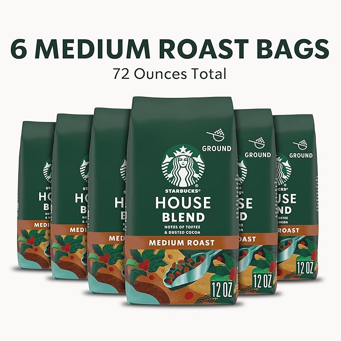 Starbucks Ground Coffee, Medium Roast Coffee, House Blend, 100% Arabica, 6 bags (12 oz each)