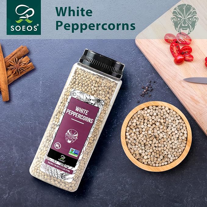 Soeos White Peppercorns, 18oz (Pack of 1), Non-GMO, Kosher, Packed to Keep Peppers Fresh, Peppercorn for Grinder Refill, Whole Peppercorns