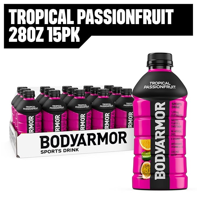 BODYARMOR Sports Drink Sports Beverage, Tropical Passionfruit, Coconut Water Hydration, Natural Flavors With Vitamins, Potassium-Packed Electrolytes, Perfect For Athletes, 28 Fl Oz (Pack of 15)
