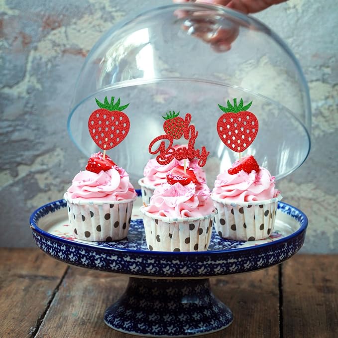 24Pcs Strawberry Oh Baby Cupcake Toppers Glitter Fruit Theme Babyshower Strawberry Cupcake Picks for Gender Reveal Baby Shower Kids Boys Girls Birthday Party Cake Decorations Supplies