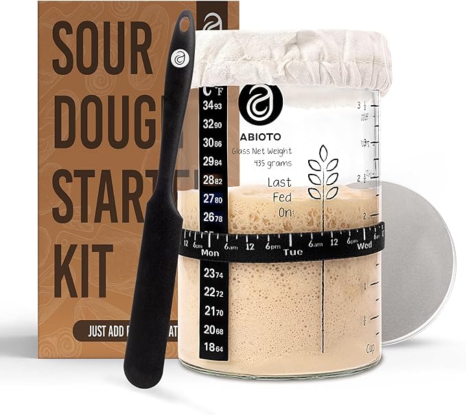 Sourdough Jar Kit, Includes 34 oz Sourdough Starter Jar with Metallic Lid, Silicone Spatula, Feeding Tracker, Extra Thermometer Strips & Breathable Covers ??Sourdough Bread Starter Kit
