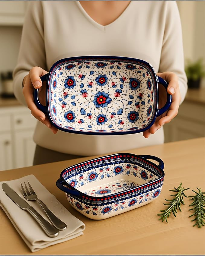 Ceramic Baking Dish Set of 2 ??Decorative Polish Pottery Style Casserole Dishes with Handles, Cute Oven-Safe Lasagna Bakeware Gift Set
