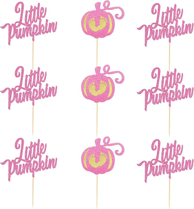 24Pcs Little Pumpkin Cupcake Toppers - Baby Shower Cake Decorations - Baby Feet Pumpkin Cupcake Picks for Thanksgiving, Halloween, Kids Birthday Parties - Pink Glitter