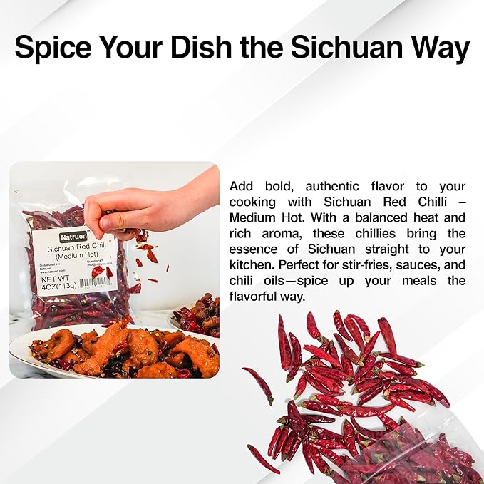 Natruen Whole Dry Szechuan Chinese Red Chili Pods 4 Oz (Medium Hot), Spicy Sichuan Dried Red Hot Chilies for Chili Oil, Paste, and Sauce