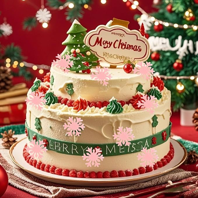 50pcs Edible Snowflake Cupcake Toppers ??Edible Cake Decorations & Snowflake Cake Decorations for Christmas, Winter & Any Party (Pink)