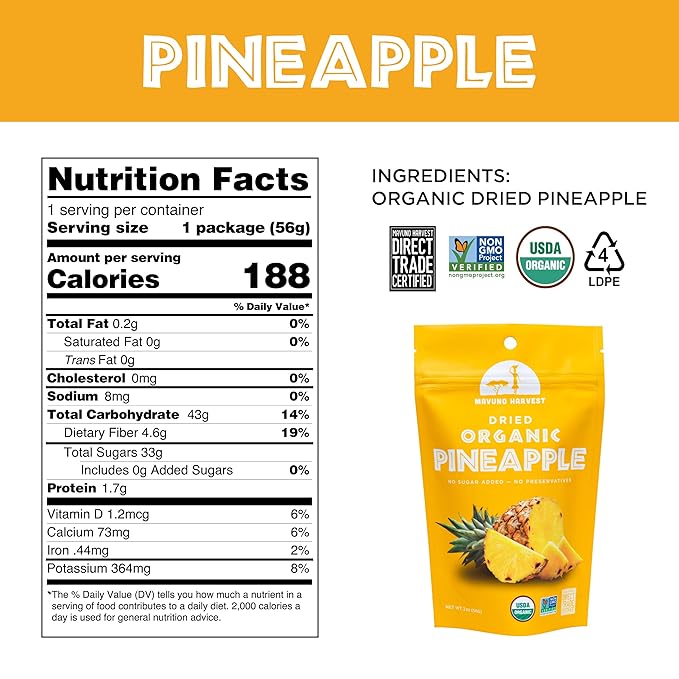 Mavuno Harvest Pineapple Dried Fruit Snacks | Organic Dried Pineapple Chunks| Gluten Free Healthy Snacks for Kids and Adults | No Sugar Added, Vegan, Non GMO, Direct Trade | 2 Ounce, Pack of 6