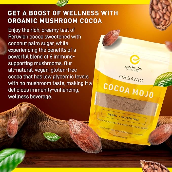 Enerhealth Botanicals Cocoa Mojo ??Certified Organic Hot Chocolate Peruvian Cocoa Mix, Sweetened with Low Glycemic Coconut Palm Sugar and Infused with 6 Mushroom Extracts to Boost Immunity ??12 oz