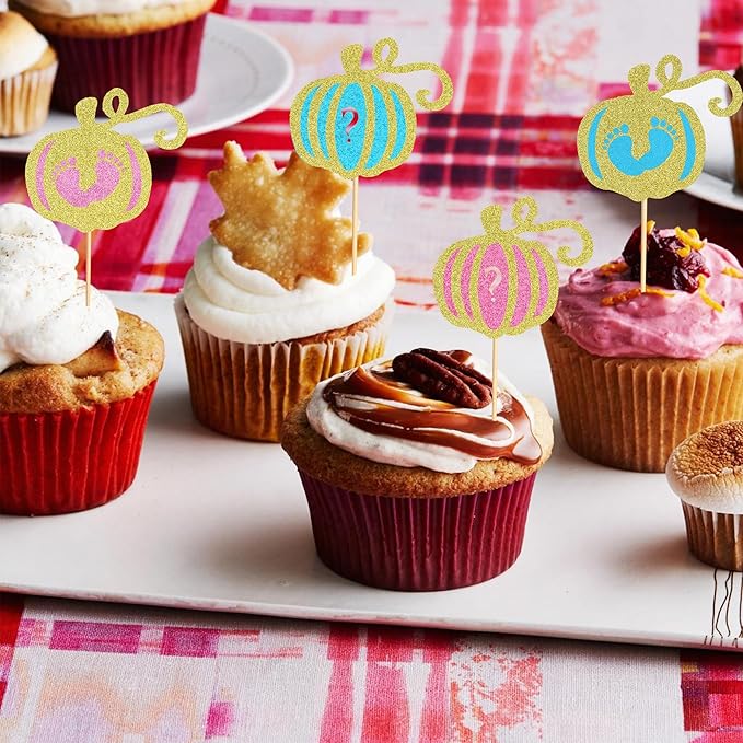 24Pcs Pumpkin Boy or Girl Cupcake Toppers Gender Reveal Cake Topper Pumpkin Cupcake Picks Baby Little Feet Cake Decorations for Fall Theme Baby Shower Kids Birthday Party Supplies