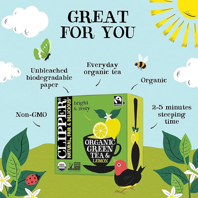 Clipper Tea Green Tea & Lemon Teabags ??USDA Organic, Great Hot or Iced ??Bright, Zippy, Natural, Fair & Delicious ??50 Tea Bags